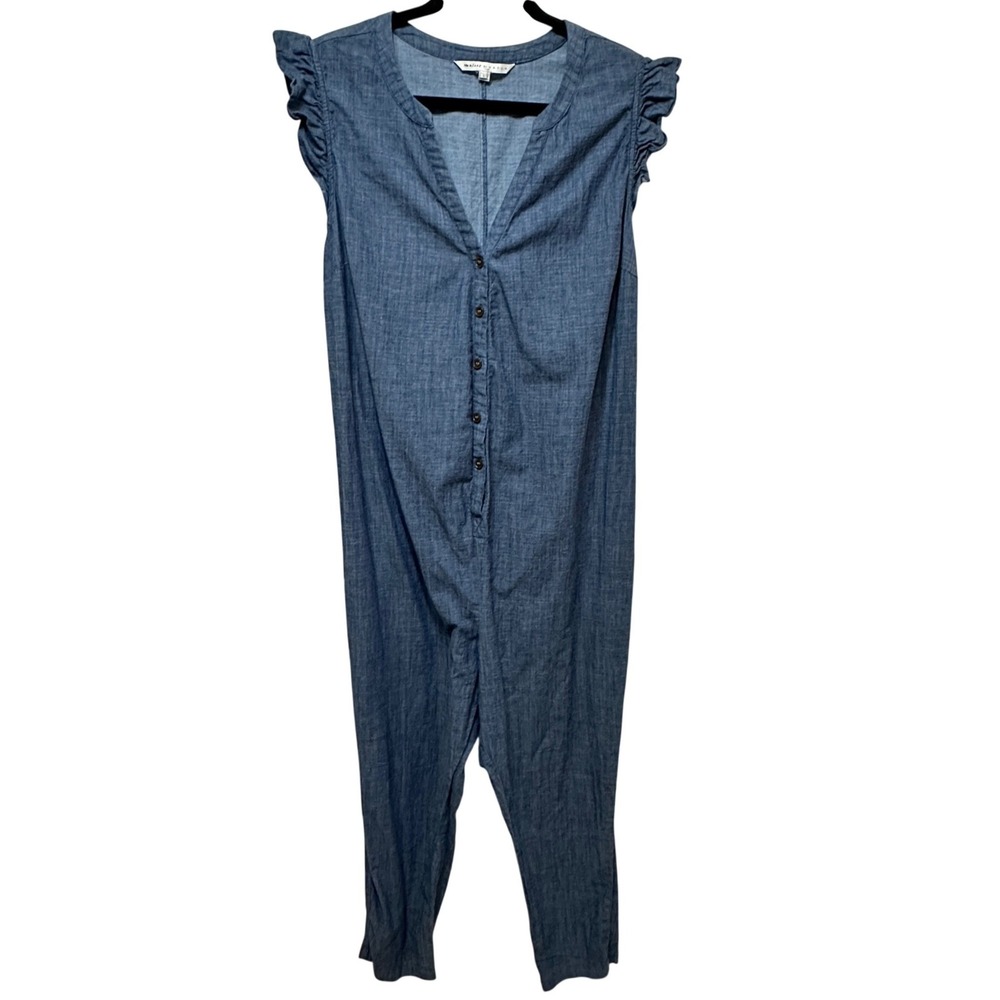 The Nines by‎ Hatch Maternity Jumpsuit Large Blue Chambray Ruffle Short Sleeve